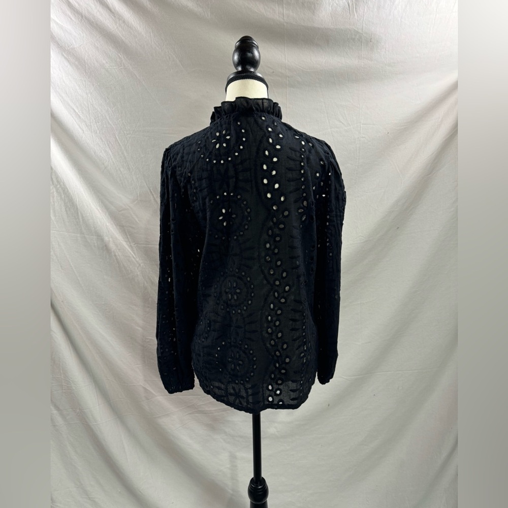 Black Eyelet Embroidered Blouse – Ruffle Stand Collar Split V-Neck Peasant Top - Picture 9 of 9